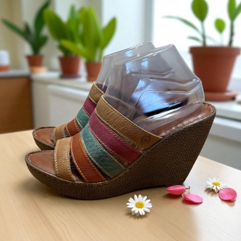 Born 🔥Kumi Leather🩷Multi-Color Boho Slip On Strappy Wedge Heels Size 10‎